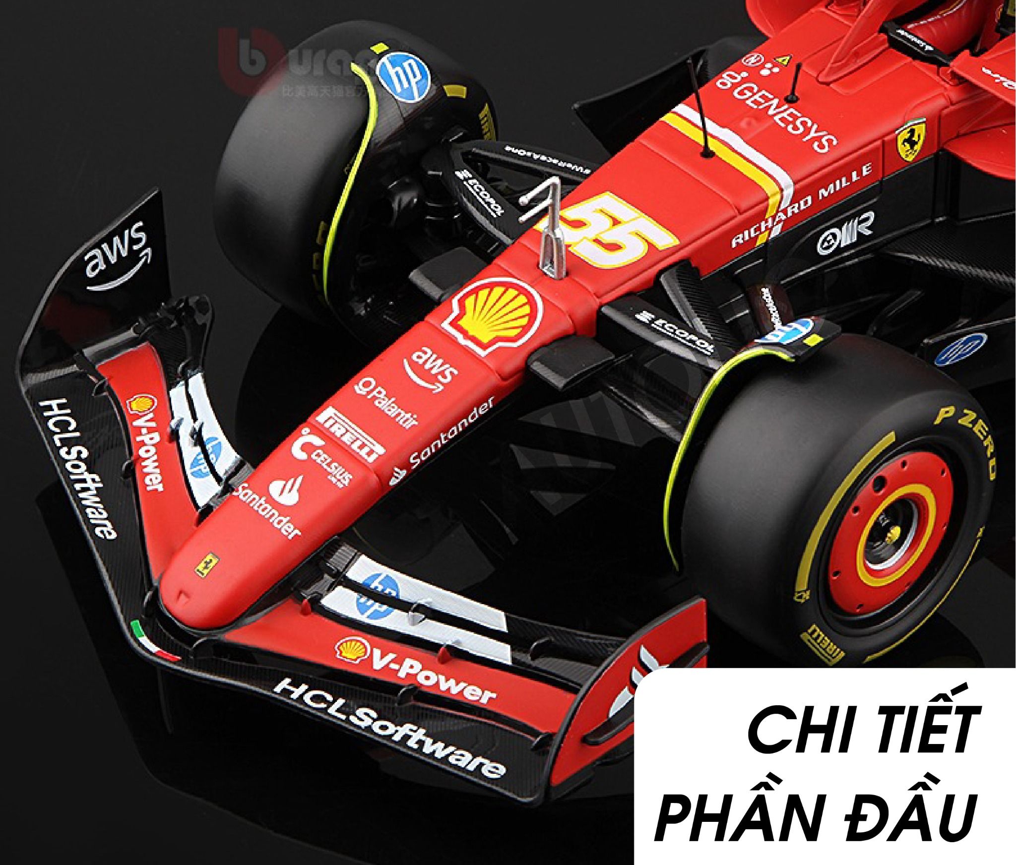 Mô hình xe đua F1 Ferrari Formular SF-24 có đế + figure tỉ lệ 1:18 Bburago 18-16815 OT18003