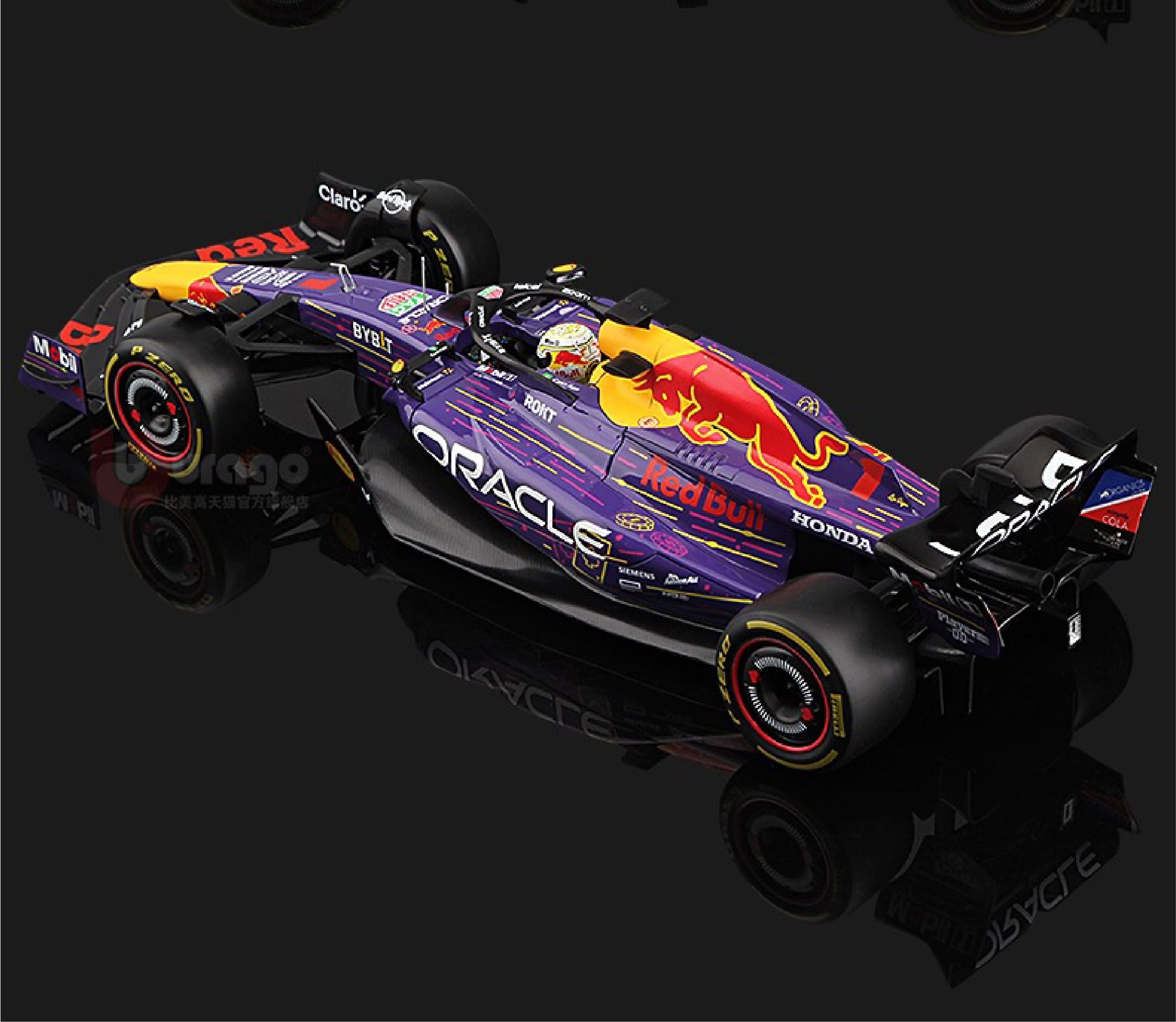 Mô hình xe đua F1 Formula Honda Redbull RB19 Miami 2023 Las Vegas có đế + figure tỉ lệ 1:18 Bburago OT18004