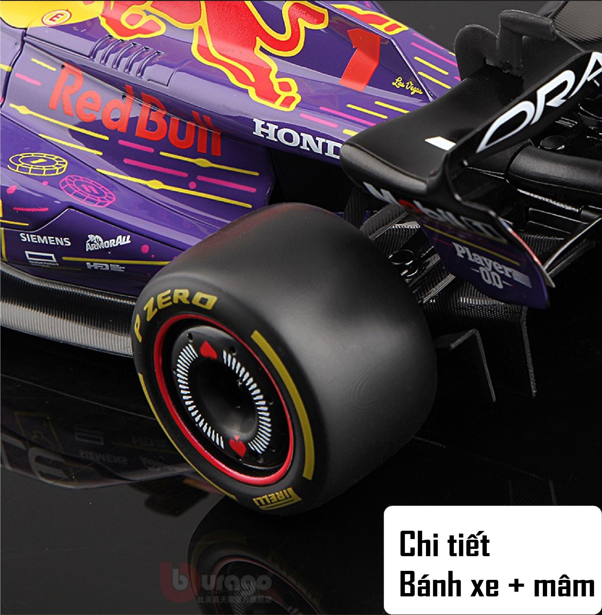 Mô hình xe đua F1 Formula Honda Redbull RB19 Miami 2023 Las Vegas có đế + figure tỉ lệ 1:18 Bburago OT18004