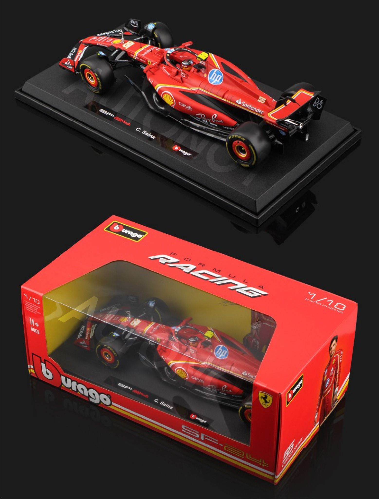 Mô hình xe đua F1 Ferrari Formular SF-24 có đế + figure tỉ lệ 1:18 Bburago 18-16815 OT18003