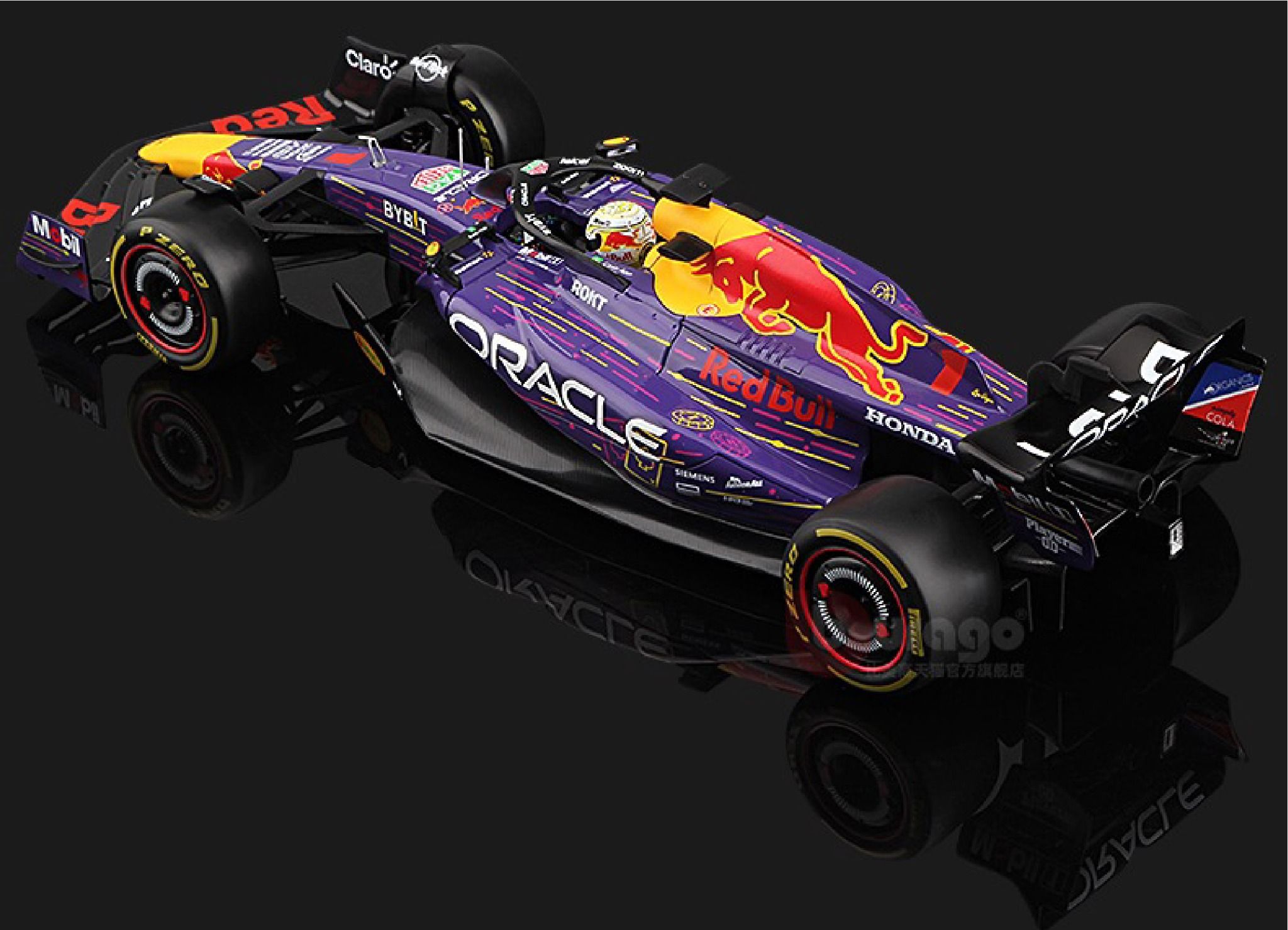 Mô hình xe đua F1 Formula Honda Redbull RB19 Miami 2023 Las Vegas có đế + figure tỉ lệ 1:18 Bburago OT18004