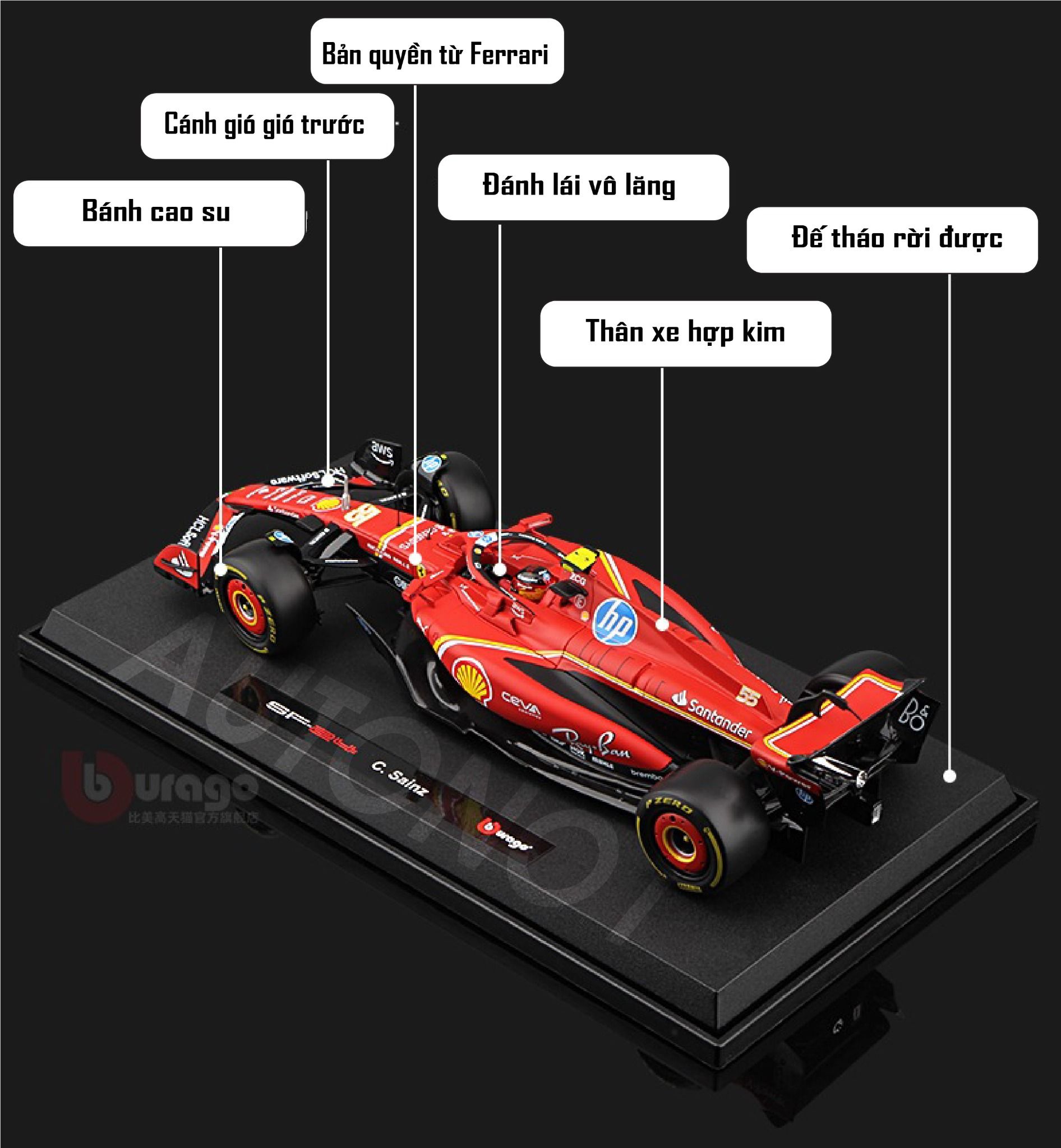 Mô hình xe đua F1 Ferrari Formular SF-24 có đế + figure tỉ lệ 1:18 Bburago 18-16815 OT18003