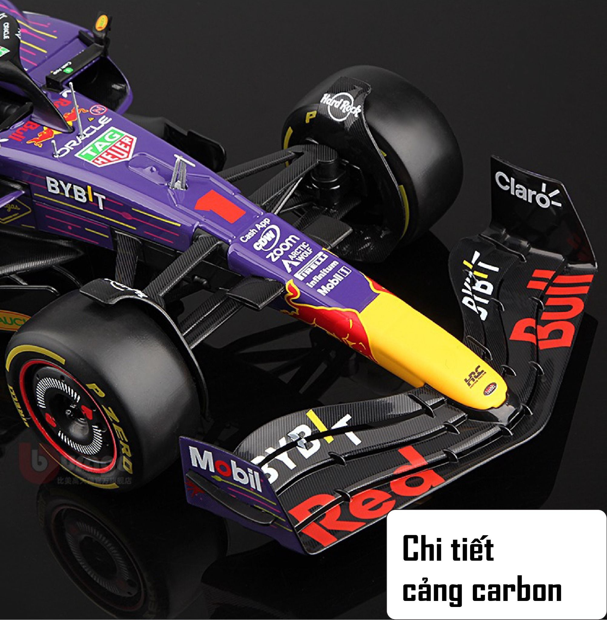 Mô hình xe đua F1 Formula Honda Redbull RB19 Miami 2023 Las Vegas có đế + figure tỉ lệ 1:18 Bburago OT18004