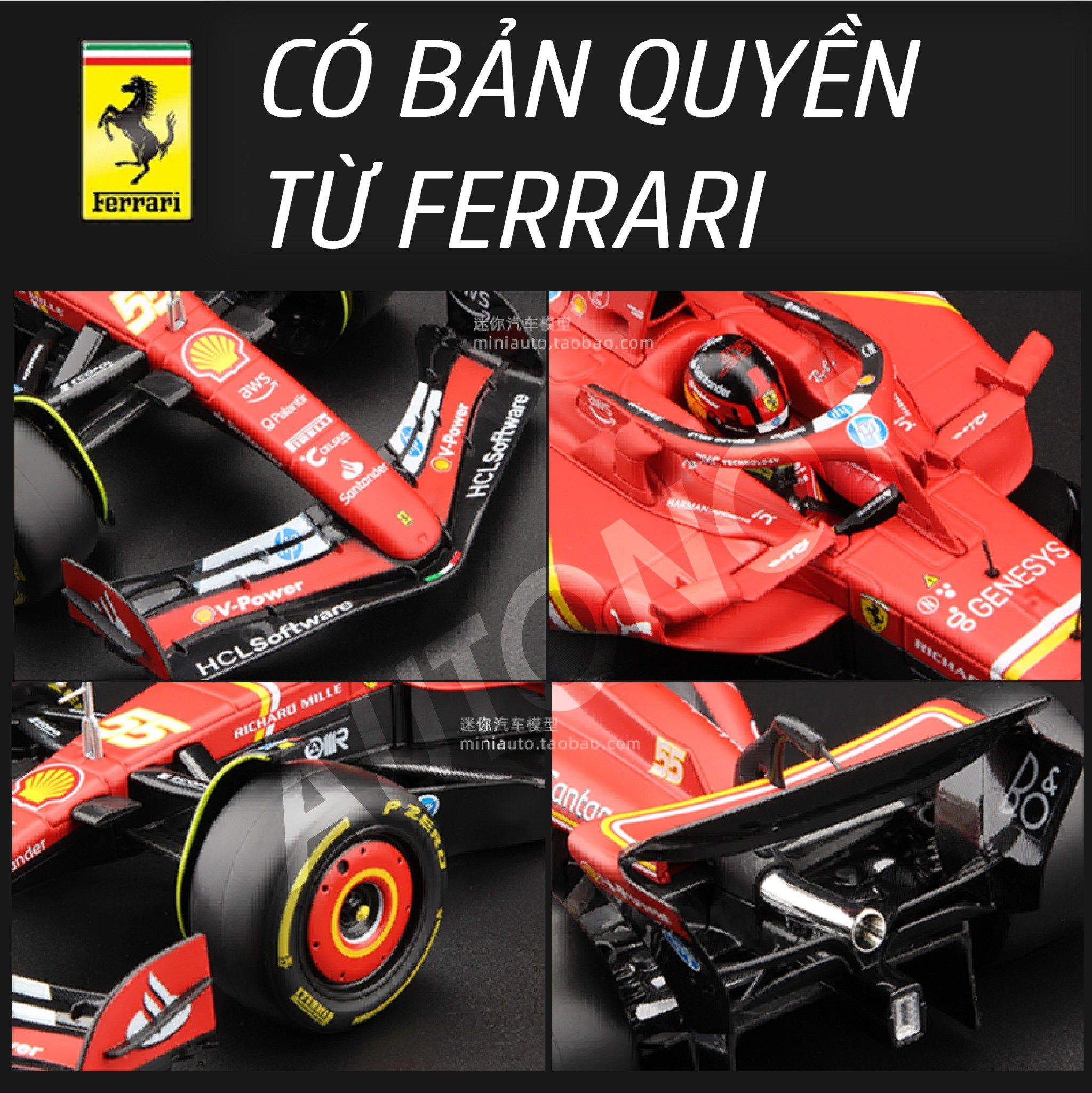 Mô hình xe đua F1 Ferrari Formular SF-24 có đế + figure tỉ lệ 1:18 Bburago 18-16815 OT18003