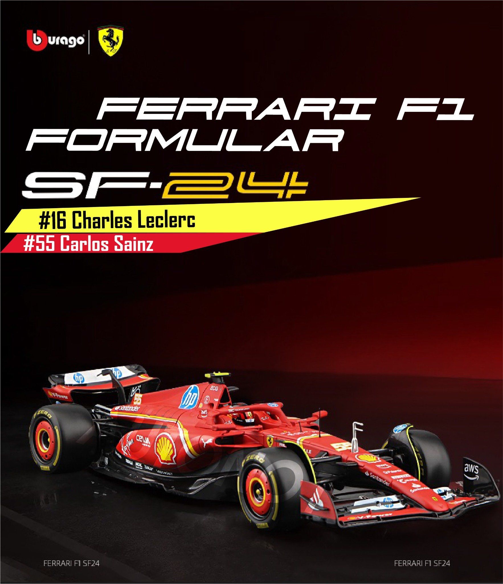 Mô hình xe đua F1 Ferrari Formular SF-24 có đế + figure tỉ lệ 1:18 Bburago 18-16815 OT18003