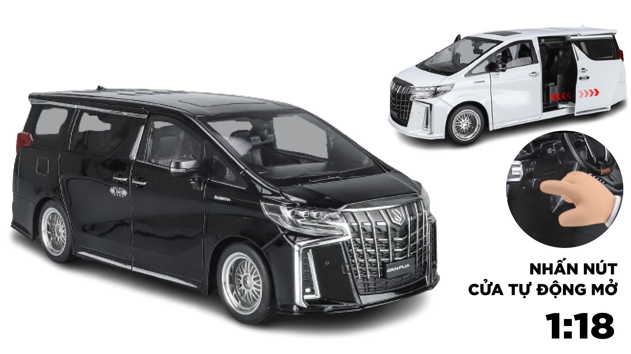 Mô hình xe Toyota Alphard 2023 full open - âm thanh - đèn cửa tự động mở tỉ lệ 1:18 Alloy model OT377