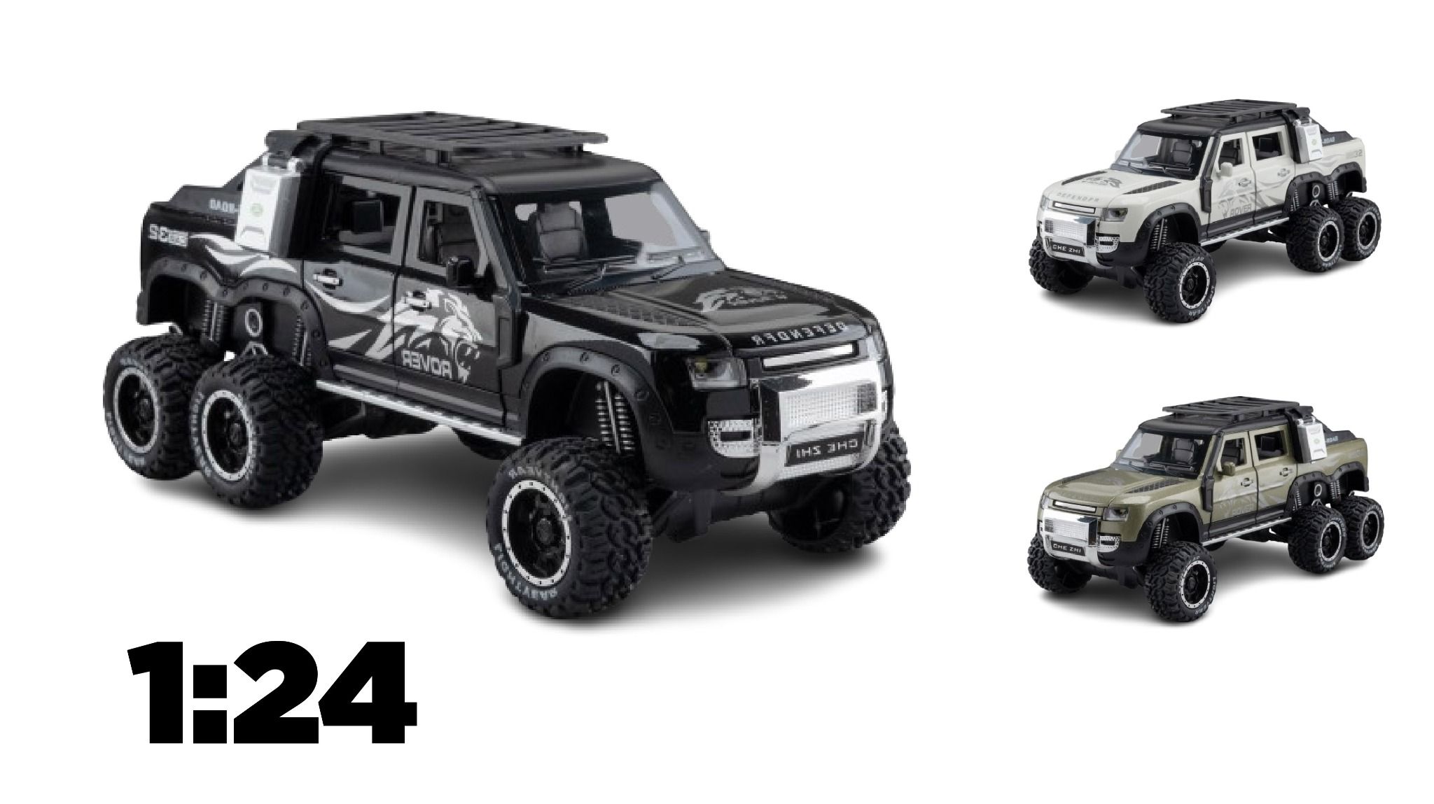 Mô hình xe Land Rover Defender 6x6 Offroad có đèn có âm thanh tỉ lệ 1:24 Chezhi OT430