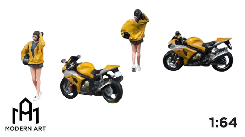 Mô hình nhân vật và mô tô Suzuki GSX-R1000 Black and Yellow Motorcycle Pretty tỉ lệ 1:64 modernart More art MO222113
