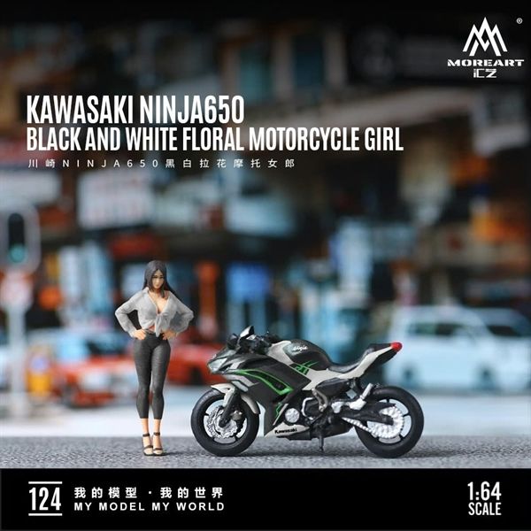 Mô hình nhân vật và mô tô Kawasaki NINJA650 Black and White Floral Motorcycle Girl Simulation Resin Model tỉ lệ 1:64 More Art MO222124