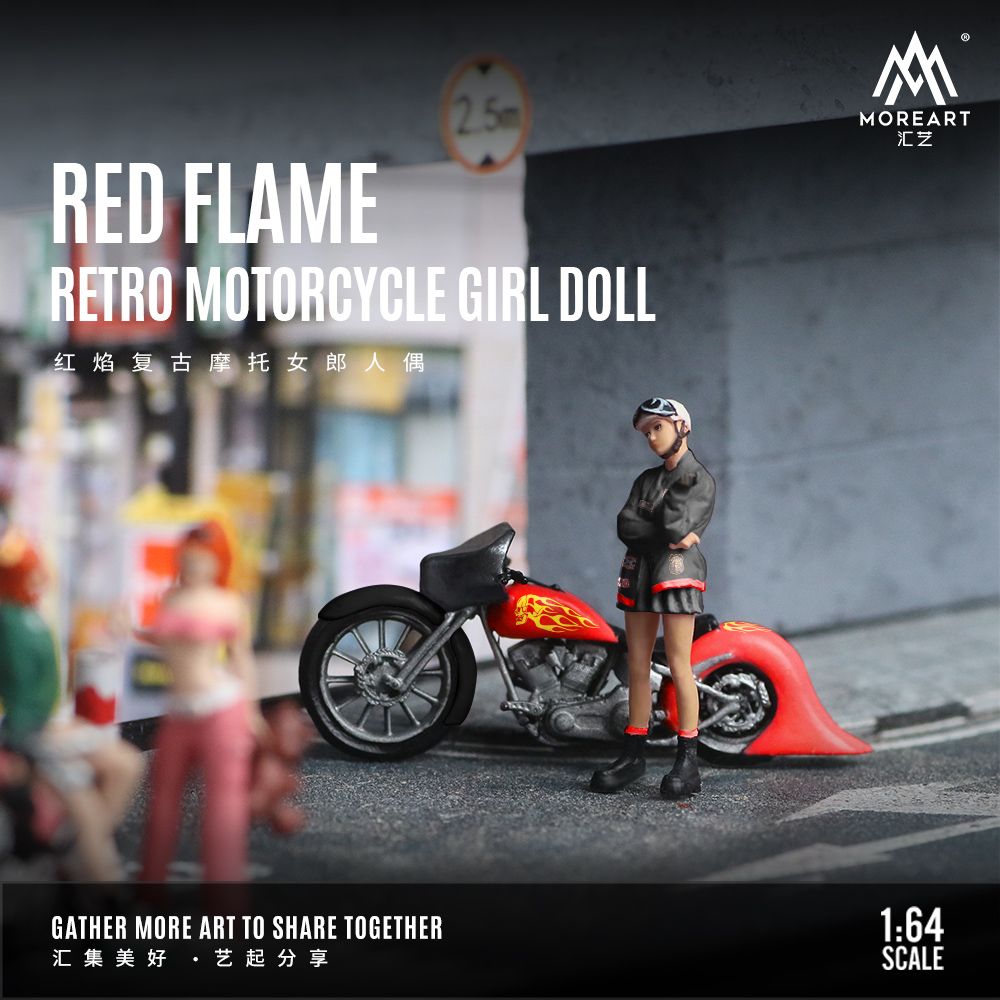 Mô hình xe và nhân vật figure Harley Red Flame Retro Motorcycle Girl tỉ lệ 1:64 MoreArt MO222100