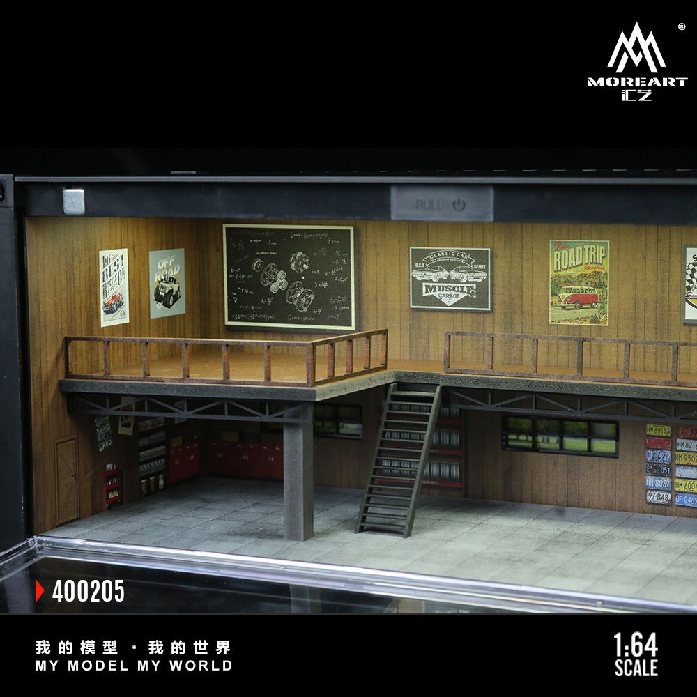 Hộp trưng bày mô phỏng nhà kho có tầng - Container Repair Shop Scene có đèn kích thước 38.7 x 16 x 16.4cm tỉ lệ 1:64 More Art MO400205