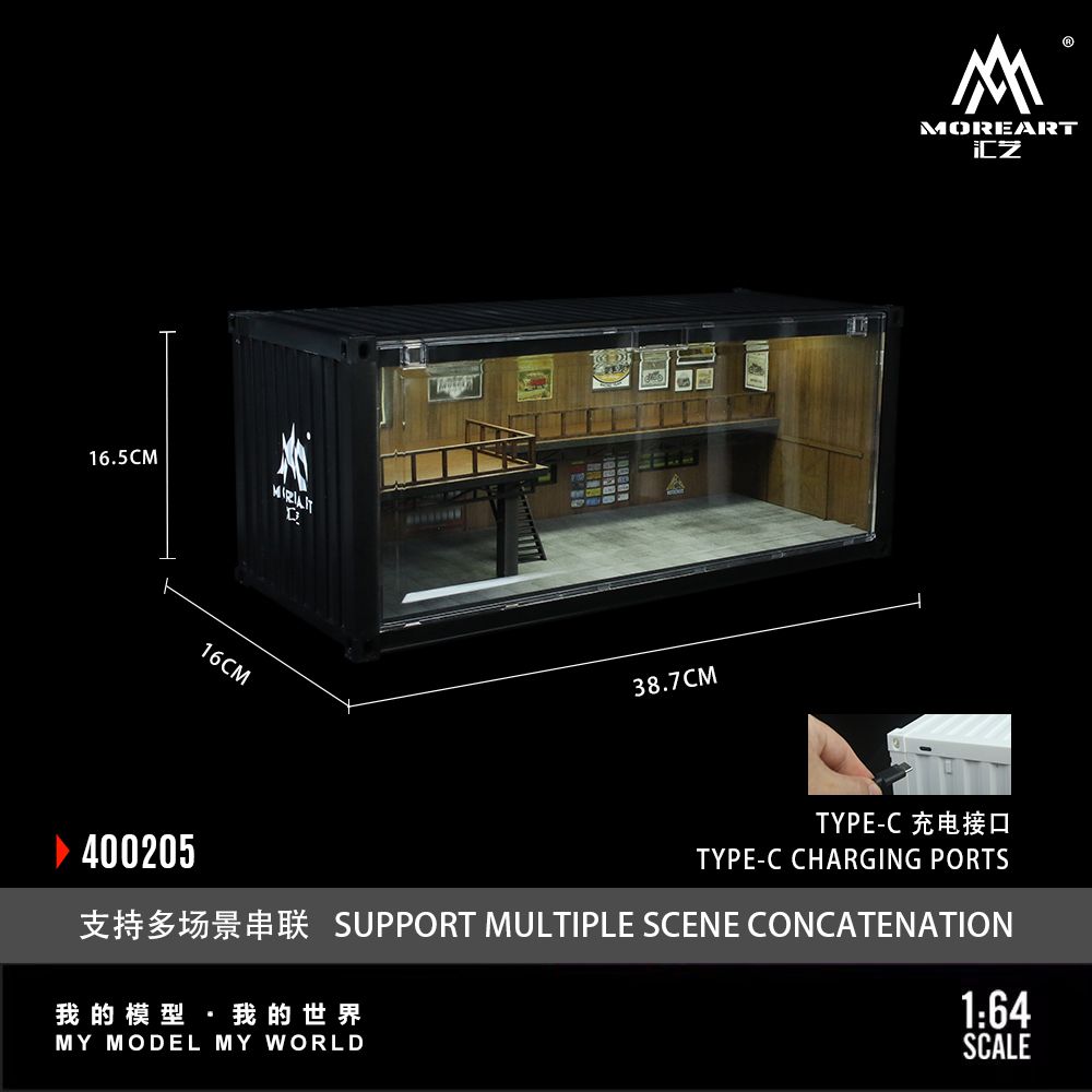 Hộp trưng bày mô phỏng nhà kho có tầng - Container Repair Shop Scene có đèn kích thước 38.7 x 16 x 16.4cm tỉ lệ 1:64 More Art MO400205