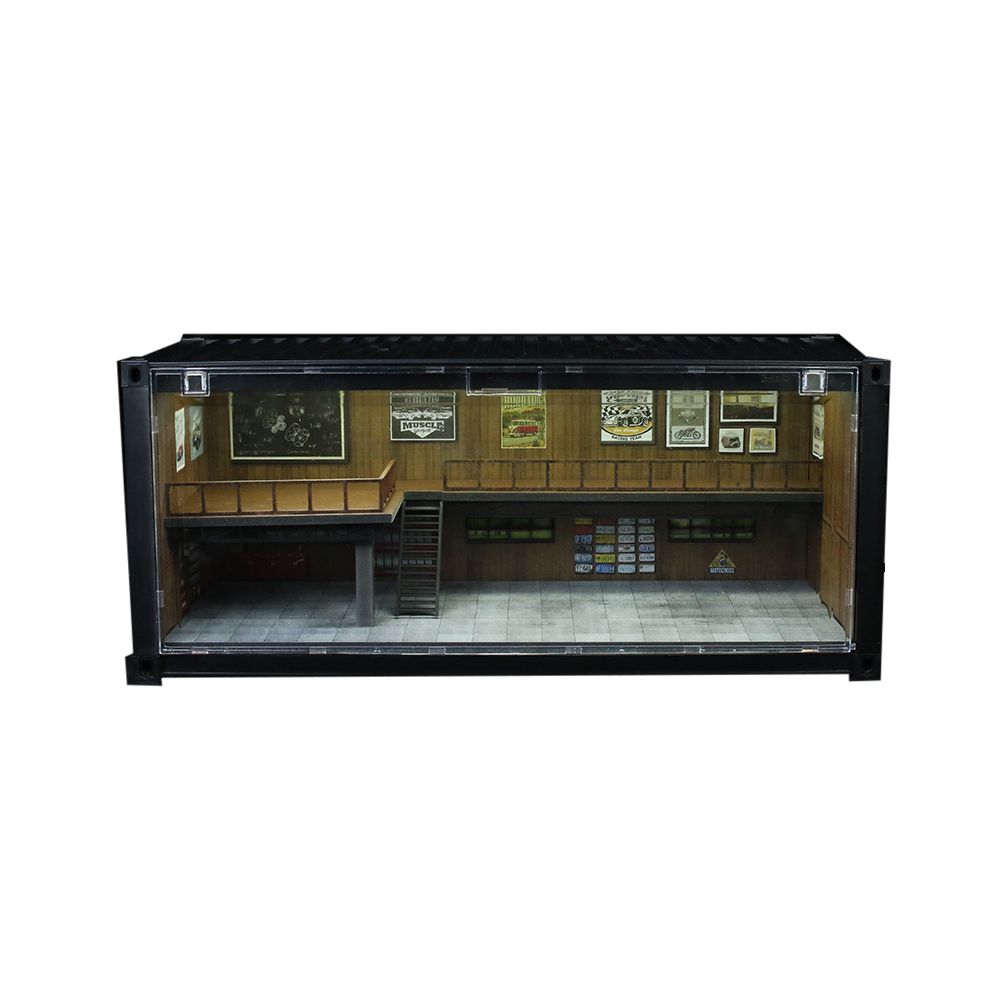 Hộp trưng bày mô phỏng nhà kho có tầng - Container Repair Shop Scene có đèn kích thước 38.7 x 16 x 16.4cm tỉ lệ 1:64 More Art MO400205