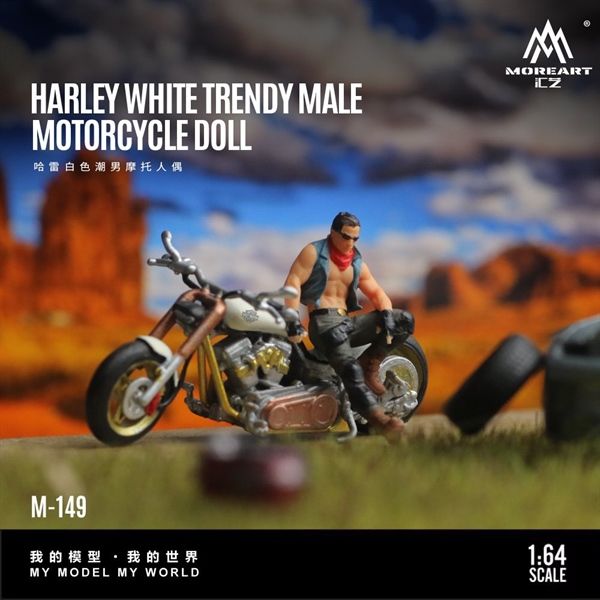 Mô hình nhân vật figure kèm xe mô tô Harley White Trendy Male Motorcycle resin tỉ lệ 1:64 MoreArt MO222149