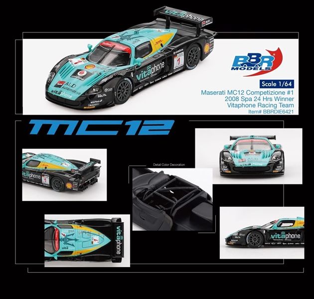 Mô hình xe Maserati MC12 Competizione #1 Vitaphone Racing Team 2008 Spa 24 Hrs. Winner tỉ lệ 1:64 BBR model BBRDIE6421