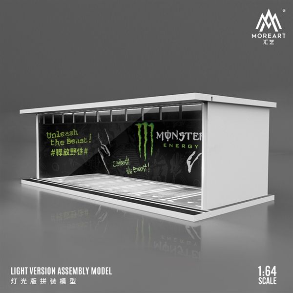 Hộp trưng bày mica mô phỏng showroom Monster Energy - có đèn kích thước 30x13.3x10cm tỉ lệ 1:64 MoreArt MO914033