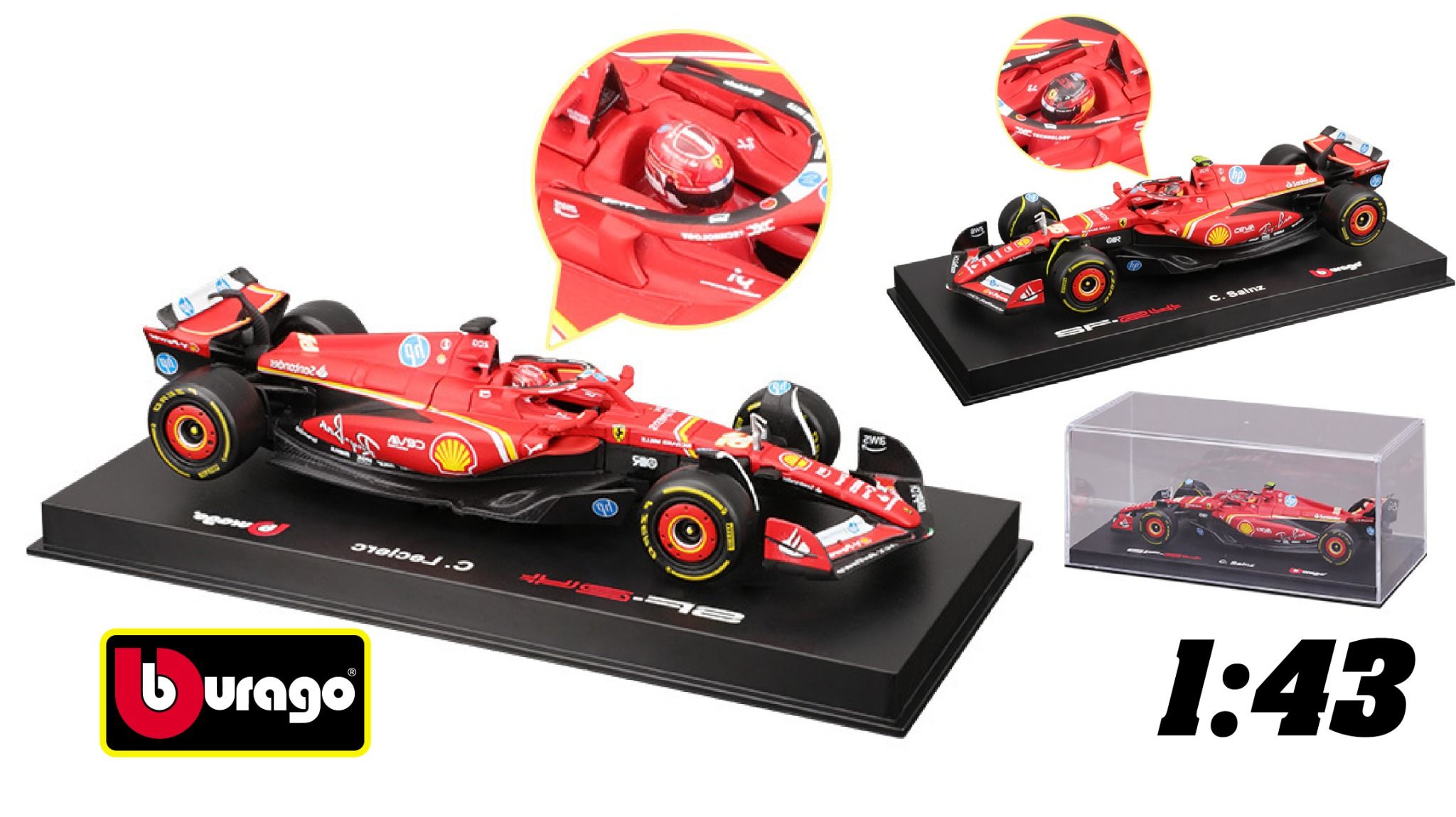 Mô hình xe đua F1 Ferrari Forrmlar SF24 có hộp mica - có figure tỉ lệ 1:43 Bburago OT43014