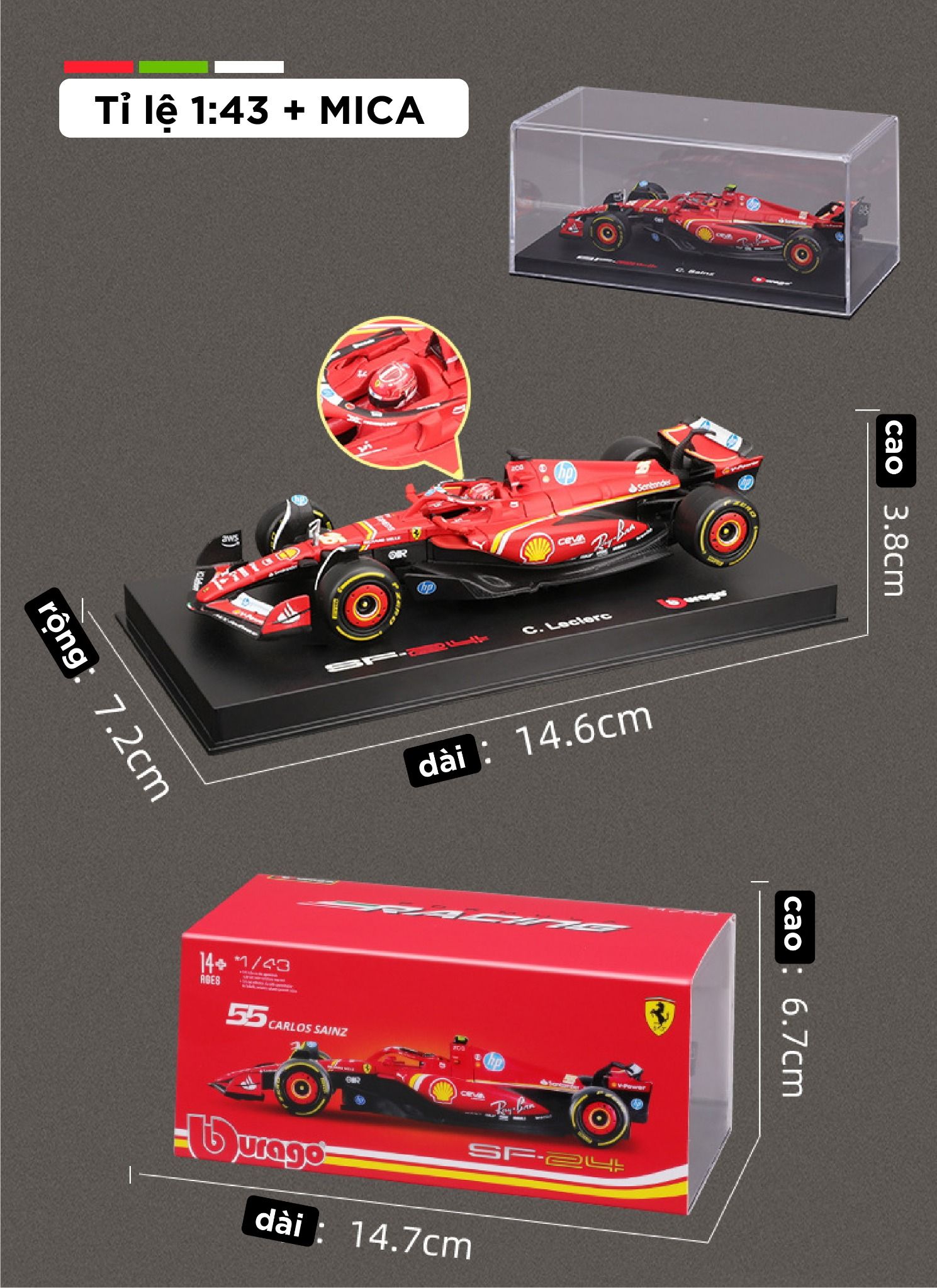 Mô hình xe đua F1 Ferrari Forrmlar SF24 có hộp mica - có figure tỉ lệ 1:43 Bburago OT43014