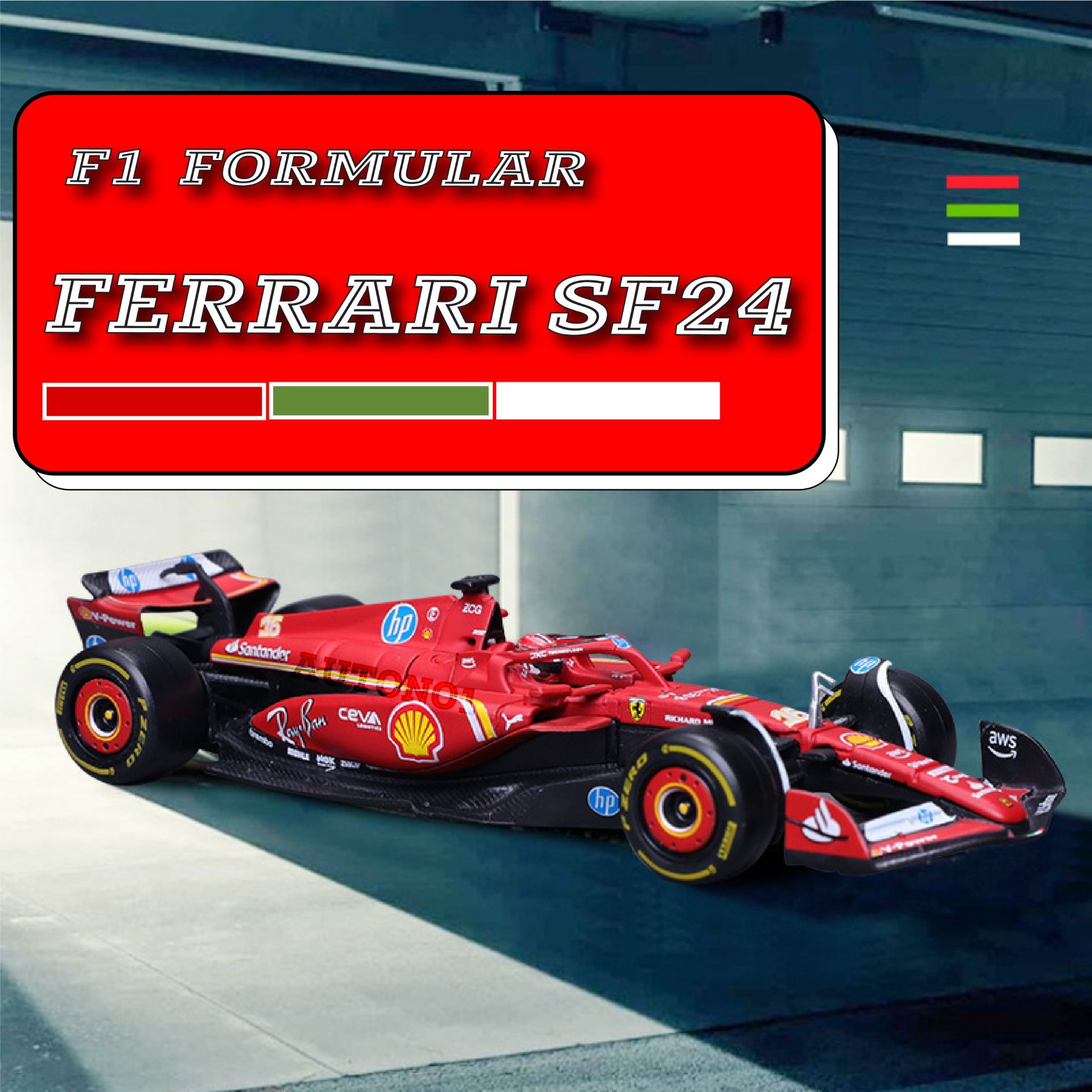 Mô hình xe đua F1 Ferrari Forrmlar SF24 có hộp mica - có figure tỉ lệ 1:43 Bburago OT43014