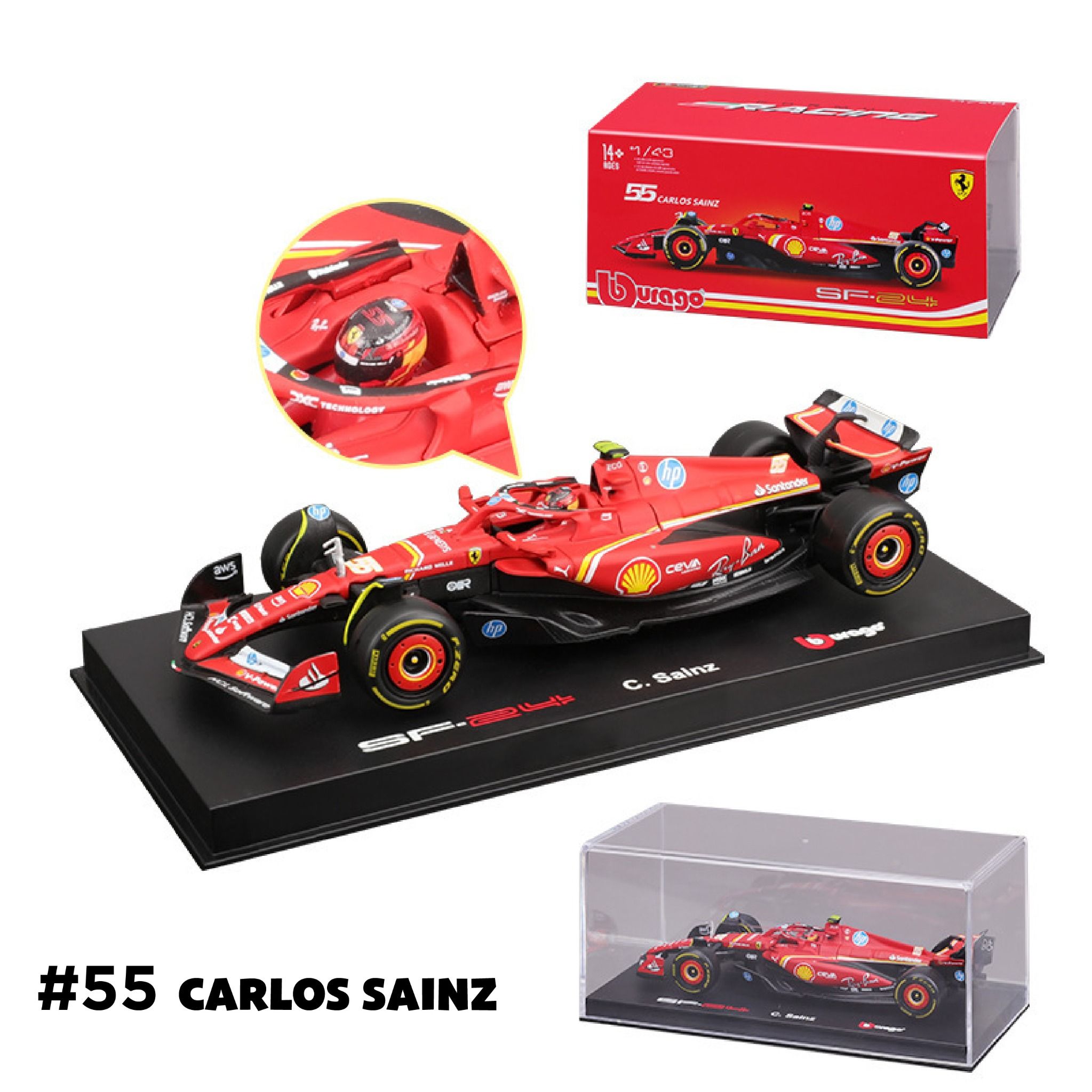 Mô hình xe đua F1 Ferrari Forrmlar SF24 có hộp mica - có figure tỉ lệ 1:43 Bburago OT43014
