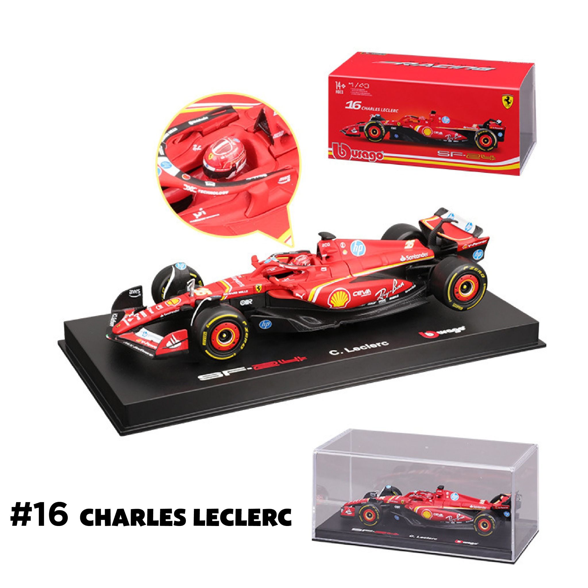 Mô hình xe đua F1 Ferrari Forrmlar SF24 có hộp mica - có figure tỉ lệ 1:43 Bburago OT43014