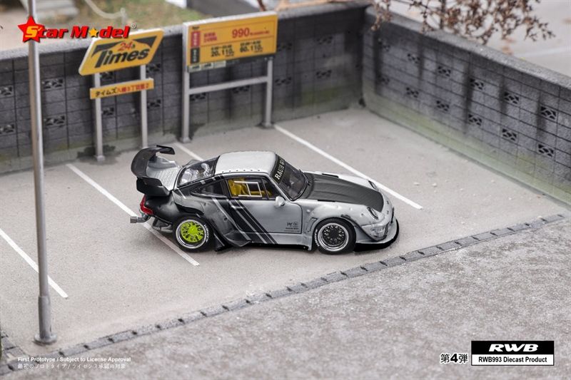 Mô hình xe Porsche Rauth Welt RWB 993 GT wipe body silver - carbon rear wing tỉ lệ 1:64 Star model OT64025