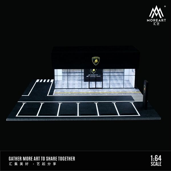 Hộp trưng bày mica mô phỏng showroom Lamborghini có đèn + bãi đỗ xe kích thước 30x30x10cm tỉ lệ 1:64 MoreArt MO936001