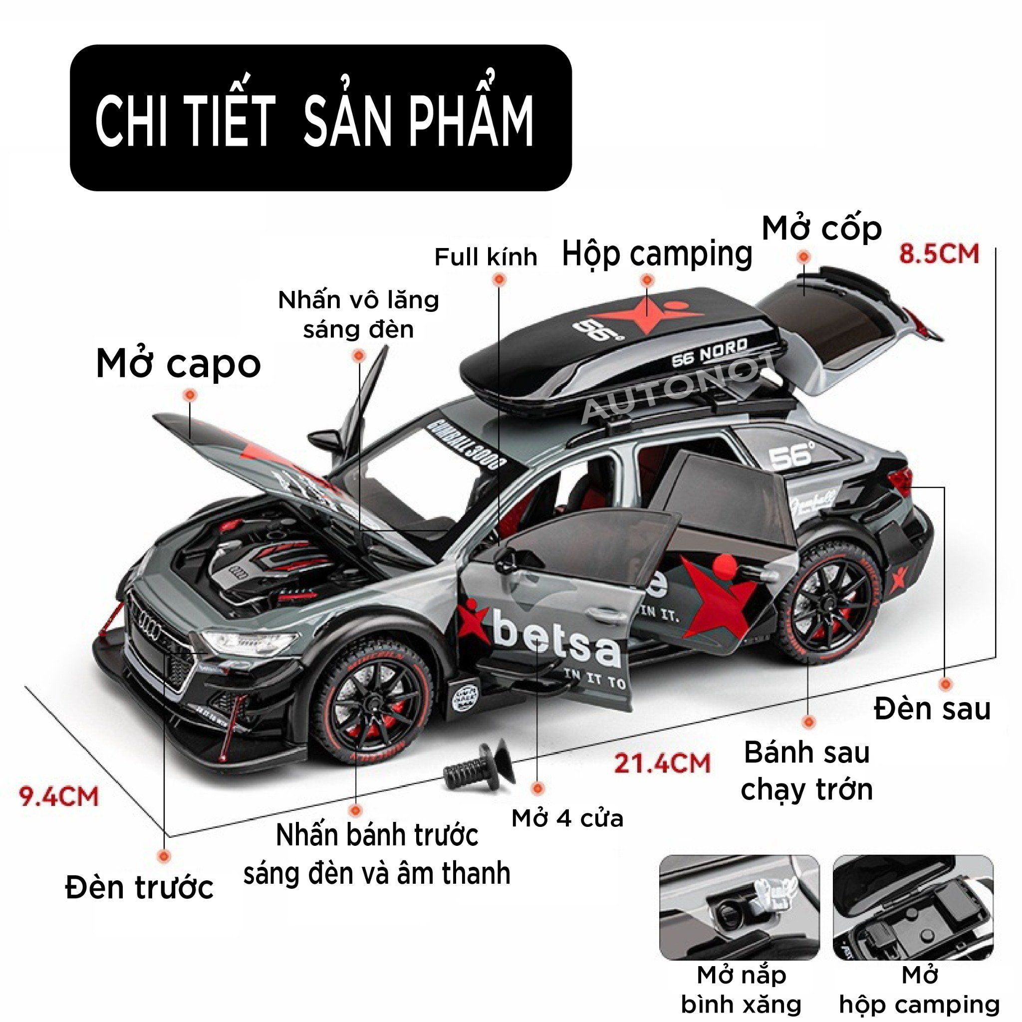 Mô hình xe Audi RS6 DTM 56 box camping full open - có âm thanh - đèn - đánh lái No box tỉ lệ 1:24 Jinlifiang OT24019