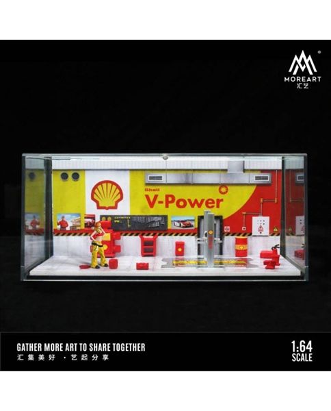 Hộp trưng bày mica xưởng sửa chữa ô tô có bàn nâng , có fig Shell V-Power tỉ lệ 1:64 MO641072