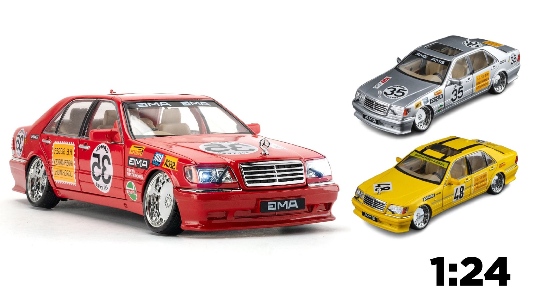Mô hình xe Mercedes-Benz W140 - 300SEL JDM AMG race full open - full kính - có âm thanh - đèn tỉ lệ 1:24 Jinlifang OT495