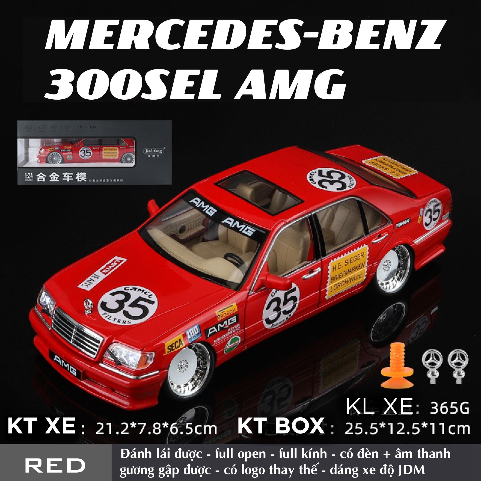 Mô hình xe Mercedes-Benz W140 - 300SEL JDM AMG race full open - full kính - có âm thanh - đèn tỉ lệ 1:24 Jinlifang OT495