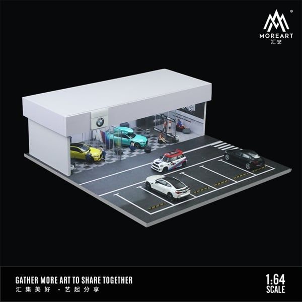 Hộp trưng bày mô phỏng showroom BMW có bãi đỗ xe có đèn kích thước 30x30x10cm tỉ lệ 1:64 MoreArt MO936109
