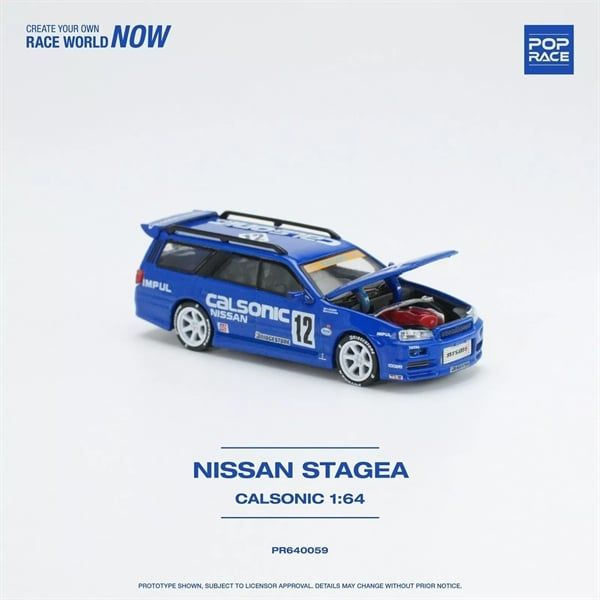 Mô hình xe Nissan Skyline GTR R34 Stagea Race Calsonic blue mở capo tỉ lệ 1:64 Poprace PR640059