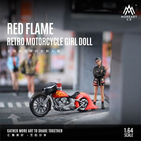 Mô hình xe và nhân vật figure Harley Red Flame Retro Motorcycle Girl tỉ lệ 1:64 MoreArt MO222100