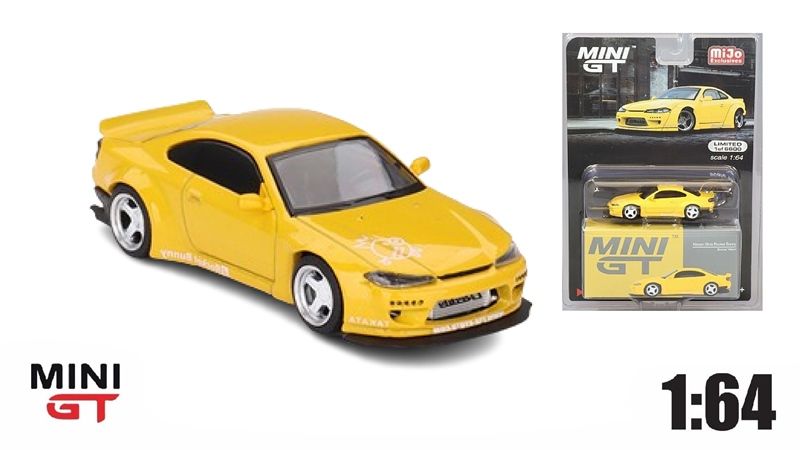 Mô hình xe Nissan Silvia (S15) Rocket Bunny Bronze Yellow bản card tỉ lệ 1:64 MiniGT x Mijio MGT00643-MJ