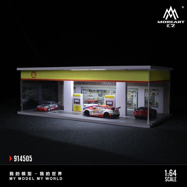 Hộp trưng bày mô phỏng trạm xăng - dầu Shell Oild có đèn - mica bảo vệ tỉ lệ 1:64 MoreArt MO914505