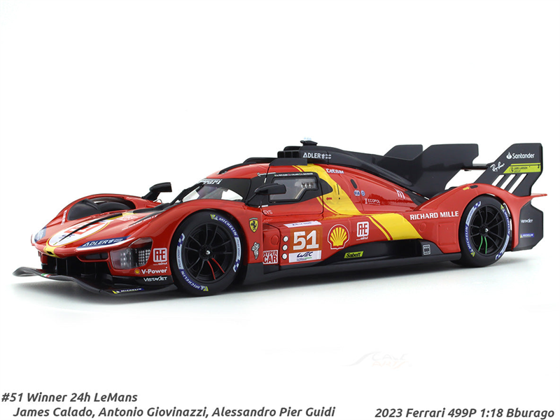 Mô hình xe Ferrari 499P 3.0L turbo V6 team Ferrari Corse #50 - #51 24h Le Mans 2023 18-16301 (#50) tỉ lệ 1:18 Bburago OT374
