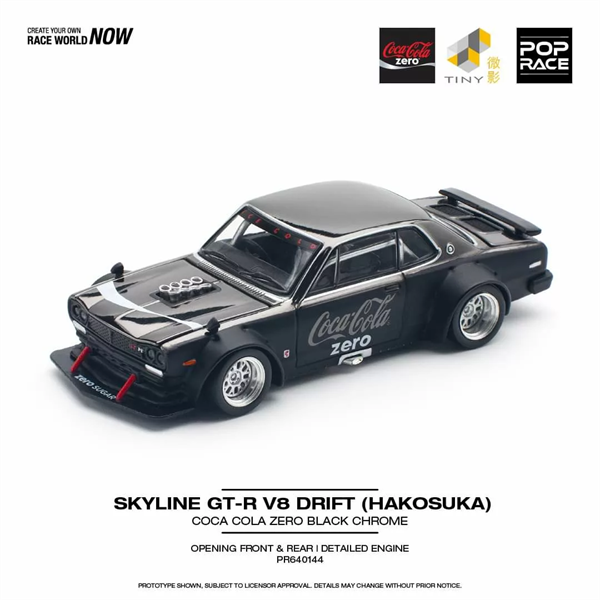 Mô hình xe Skyline GT-R V8 Drift (Hakosuka) Coca Cola Zero Black Chrome tỉ lệ 1:64 Poprace PR640144