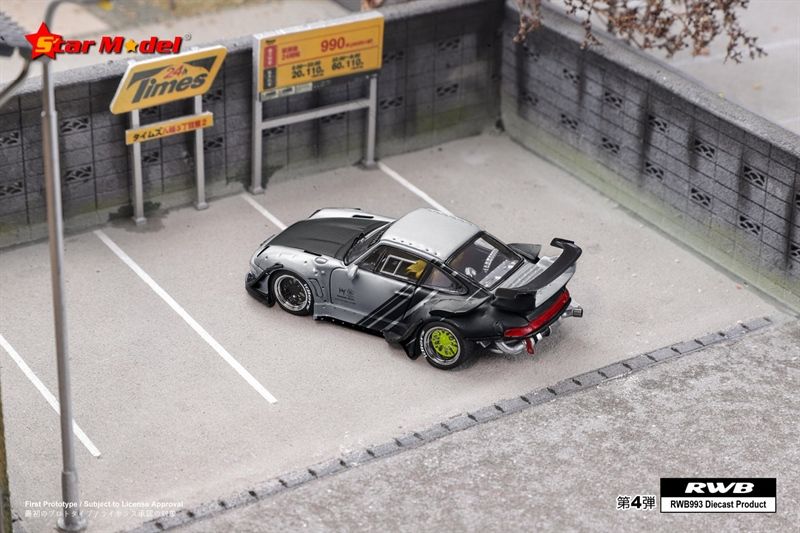 Mô hình xe Porsche Rauth Welt RWB 993 GT wipe body silver - carbon rear wing tỉ lệ 1:64 Star model OT64025