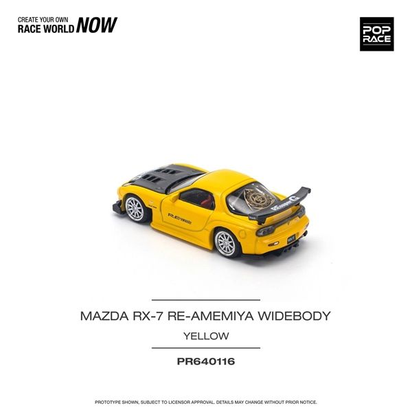 Mô hình xe Mazda RX-7 FD3S RE-AMEMIYA Widebody Yellow tỉ lệ 1:64 Poprace PR640116