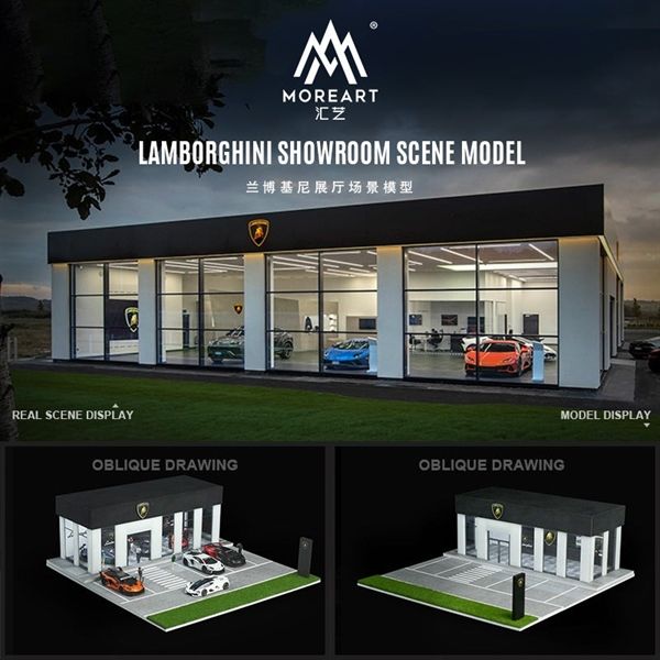 Hộp trưng bày mô phỏng showroom - văn phòng - bãi đỗ xe Lamborghini có đèn - mica tỉ lệ 1:64 MoreArt MO936009