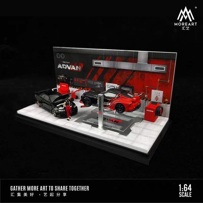 Hộp trưng bày mica xưởng sửa chữa ô tô có bàn nâng , có fig ADVAN tỉ lệ 1:64 MoreArt