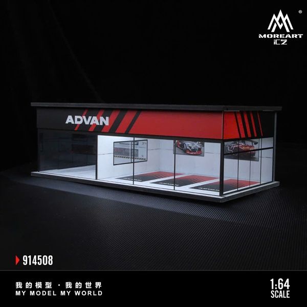 Hộp trưng bày mô phỏng Garage ADVAN có đèn - mica bảo vệ tỉ lệ 1:64 MoreArt MO914508