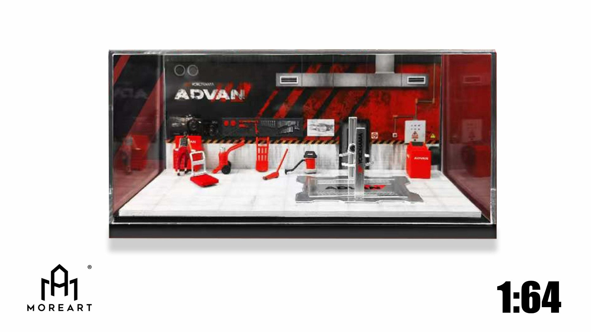 Hộp trưng bày mica xưởng sửa chữa ô tô có bàn nâng , có fig ADVAN tỉ lệ 1:64 MoreArt