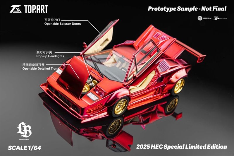 Mô hình xe Lamborghini Countach LBWK Chrome red Special Edition 2025 HEC Beijing limited 1000pcs full open tỉ lệ 1:64 Topart OT64288
