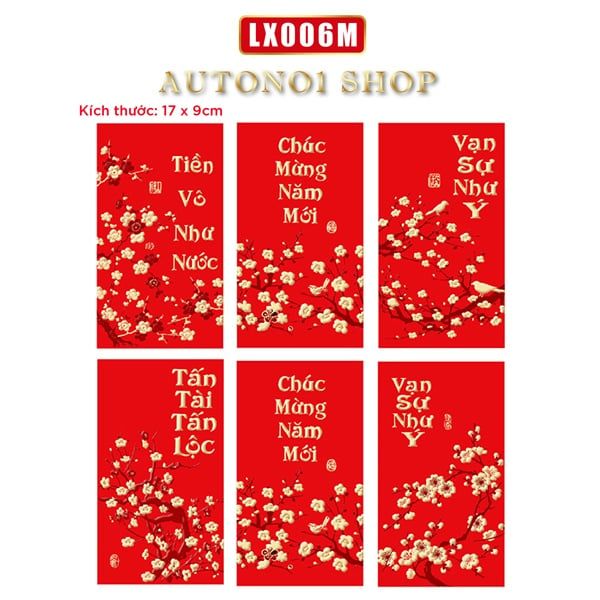 Combo bộ ngẫu nhiên 6 bao lì xì đỏ trang trí có hình rồng dễ thương nổi mạ vàng Chúc tết 2024 kích thước 9x17cm Autono1 LX006