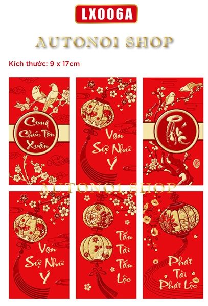 Combo bộ ngẫu nhiên 6 bao lì xì đỏ trang trí có hình rồng dễ thương nổi mạ vàng Chúc tết 2024 kích thước 9x17cm Autono1 LX006