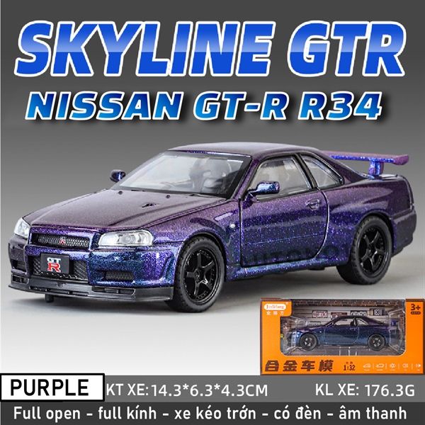 Mô hình xe ô tô Nissan GT-R R34 Fast & Furious full open - full kính - có đèn - âm thanh tỉ lệ 1:32 Jinlifiang OT574