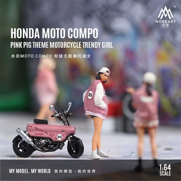Mô hình nhân vật và mô tô Pink Pig Theme Doll Motorcycle Set Simulation tỉ lệ 1:64 MoreArt MO222123