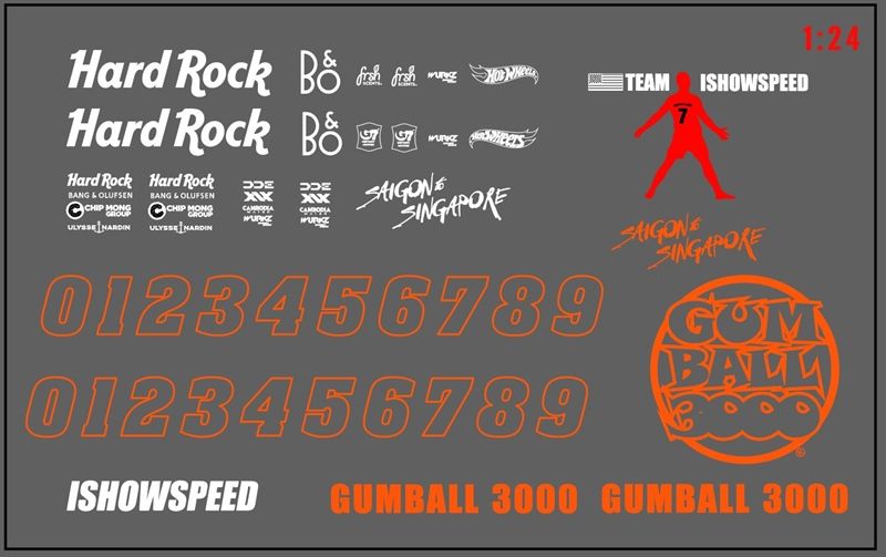 Decal UV sự kiện Gumball 3000 cho mô hình ô tô tỉ lệ 1:24 dán tất cả nền màu Autono1 DC830